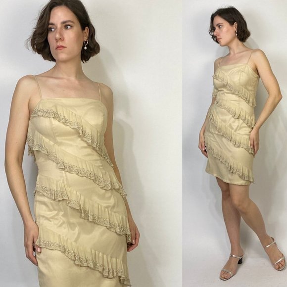 Vintage Dresses & Skirts - Vintage 80s Beige BEADED Silk RUFFLE Mini Party Dress! Small